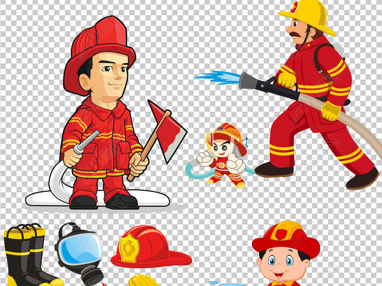 卡通消防员消防安全灭火警钟救火PNG素材图