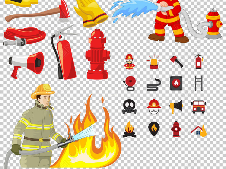 卡通消防员消防安全灭火警钟救火PNG素材图