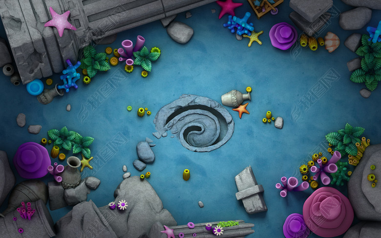 深海捕鱼场景岩石海星陶罐等(图片编号:16755