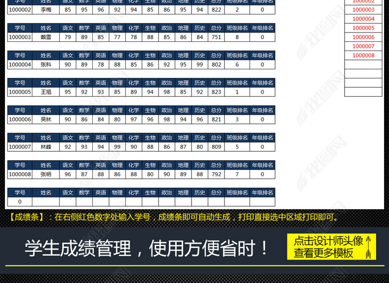 学校班级学生成绩单成绩条管理系统表格图片下