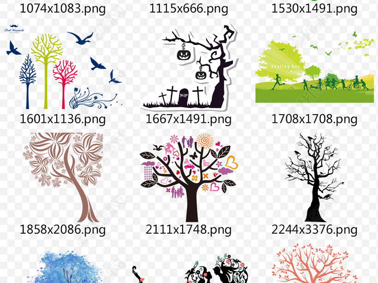 黑彩彩色手绘大树木植物剪影png免扣图片(图片