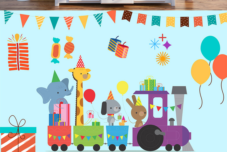 可爱卡通动物火车派对儿童房背景墙(图片编号:16768793)_儿童房背景墙_我图网