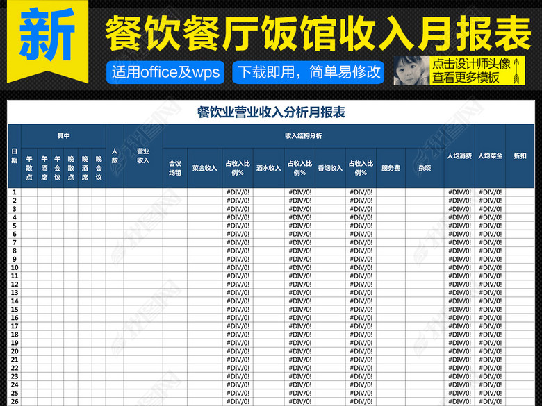 餐饮行业餐厅饭店营业收入月报表Excel图片下