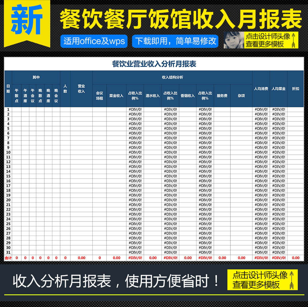 餐饮行业餐厅饭店营业收入月报表Excel