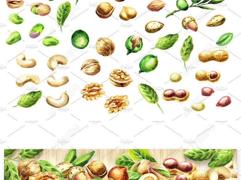 水彩画坚果年货食品包装电商海报PSD+PNG素