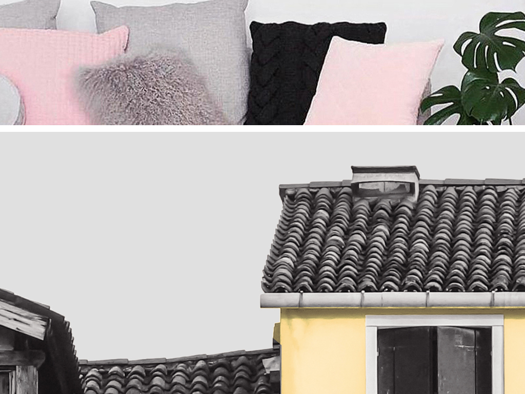 北欧黑白风景英文组合建筑房子汽车装饰画