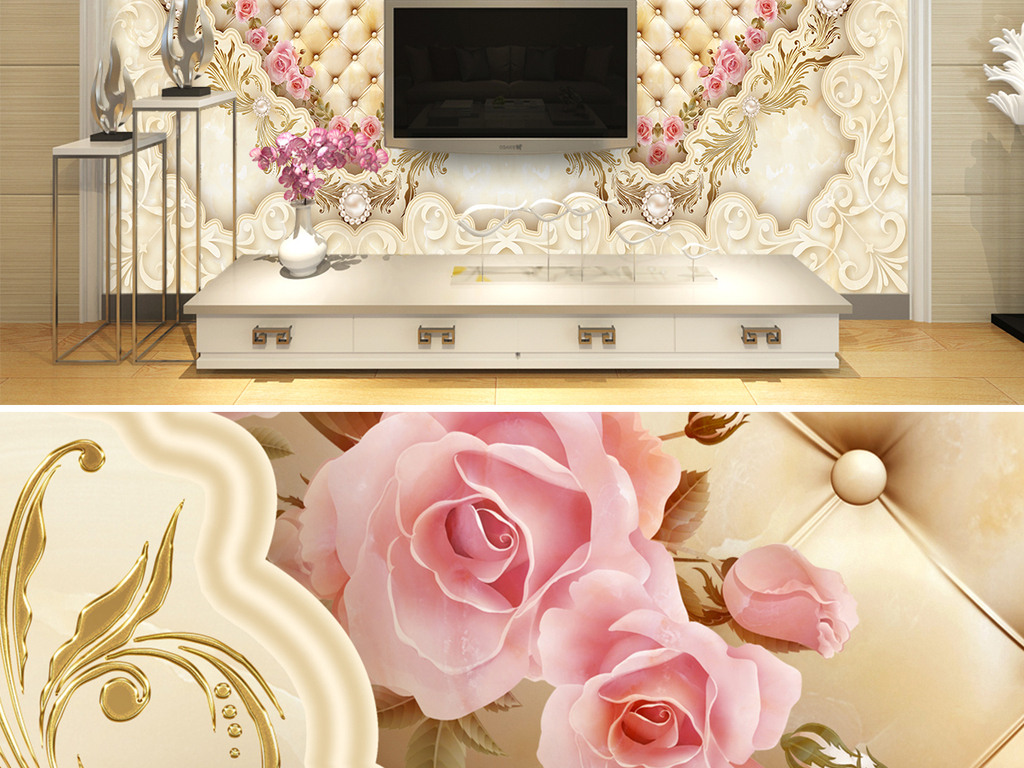极品大理石浮雕玫瑰珍珠电视背景墙壁画