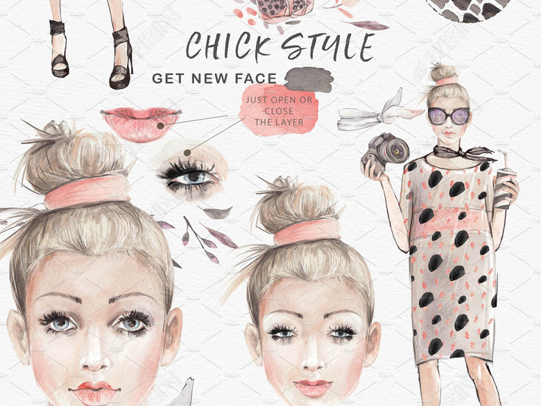 水彩画时髦女模特高清免抠时尚女装潮牌产品宣