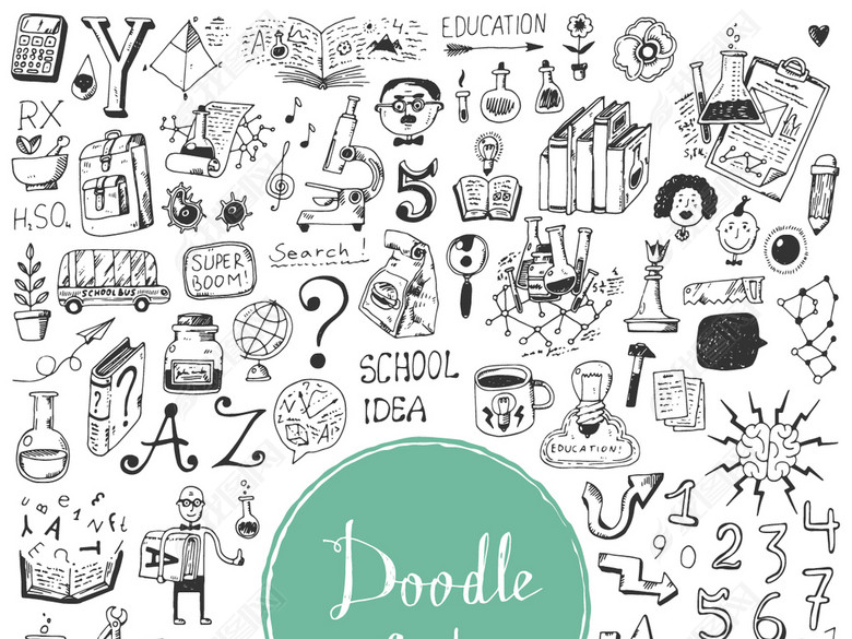 2017复古欧美黑白手绘教育元素学校书本课堂