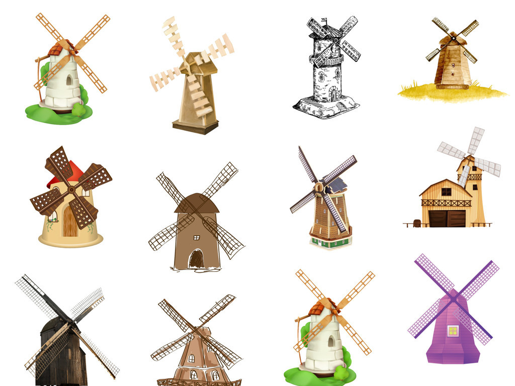 卡通手绘素描风车水车装饰免扣png素材