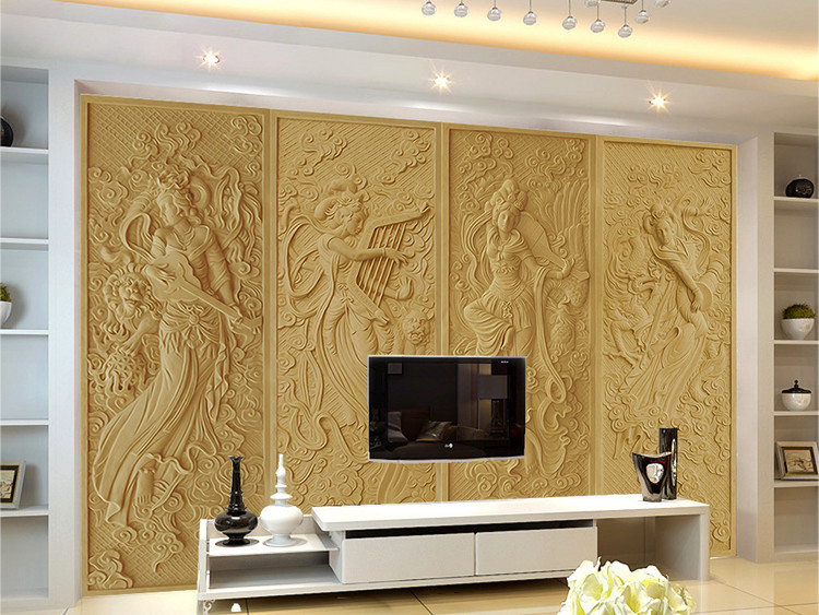 中式古装美女砂岩浮雕背景墙3D背景墙壁画