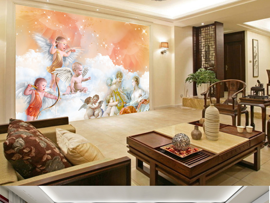 时尚西式欧式儿童天使客厅房间背景墙