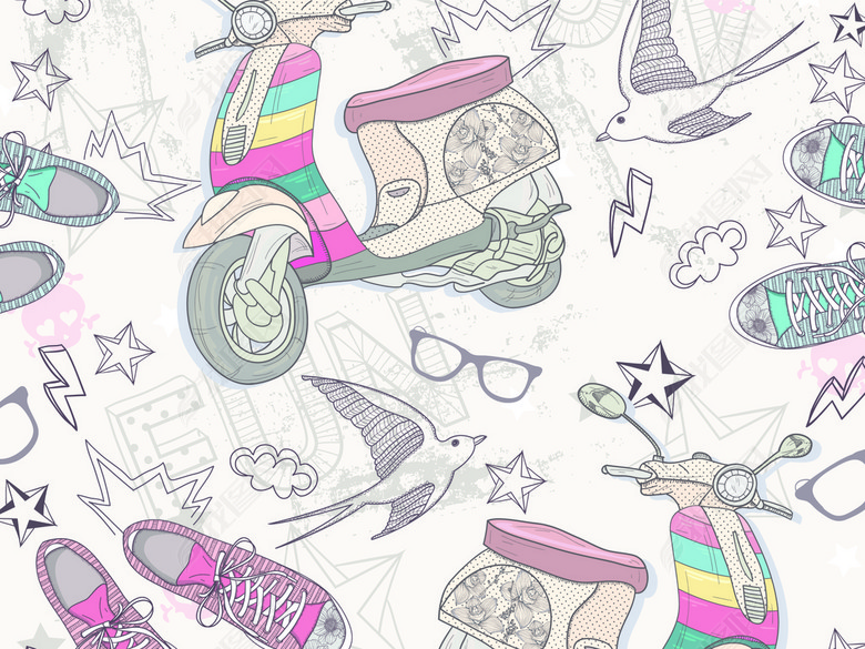 手绘摩托车墨镜帆布鞋燕子图案简约装饰画图片