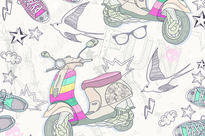 手绘摩托车墨镜帆布鞋燕子图案简约装饰画图片