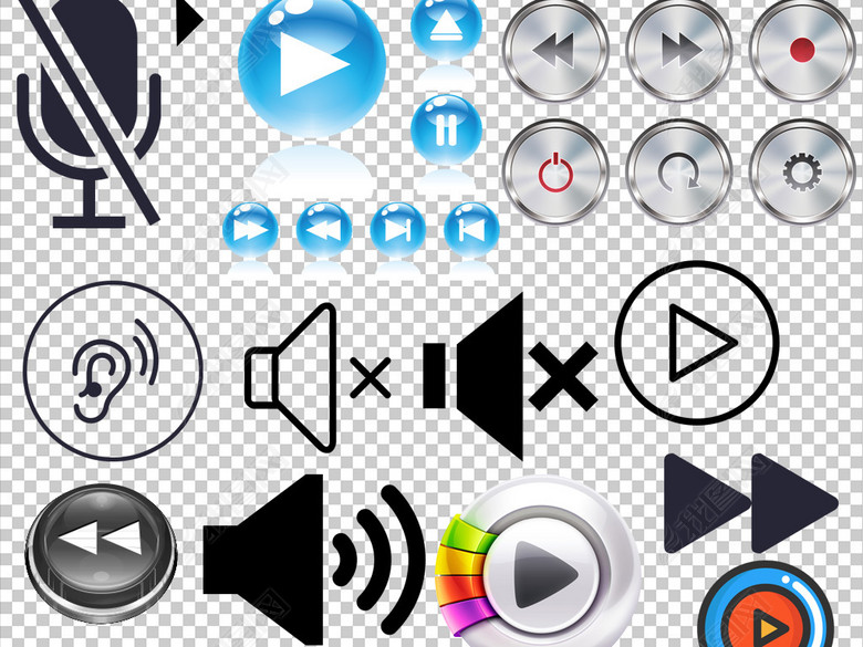 各种播放暂停快进快退静音开机关机按钮素材图
