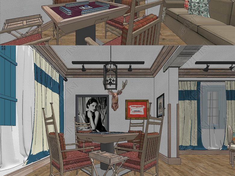 民宿棋牌室室内设计SU模型图片下载skp素材-
