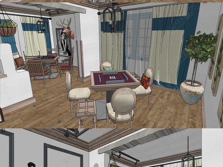 民宿棋牌室室内设计SU模型图片下载skp素材-