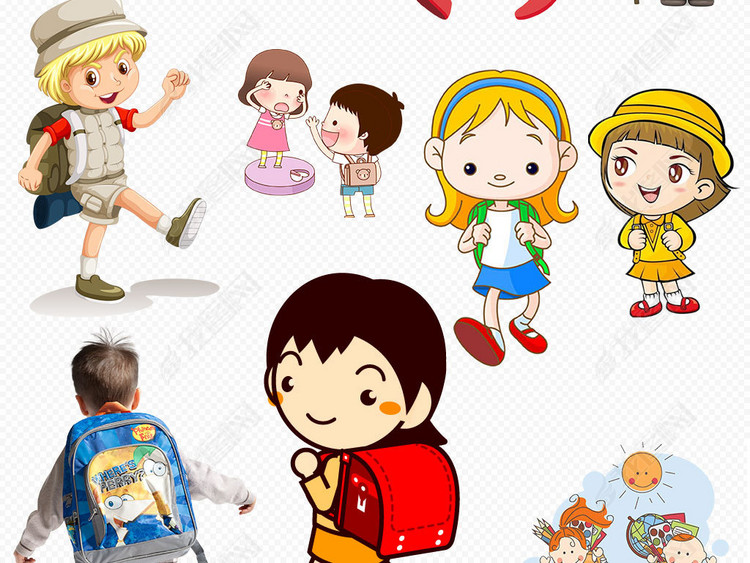 开学学习卡通人物小孩校园校车素材图片