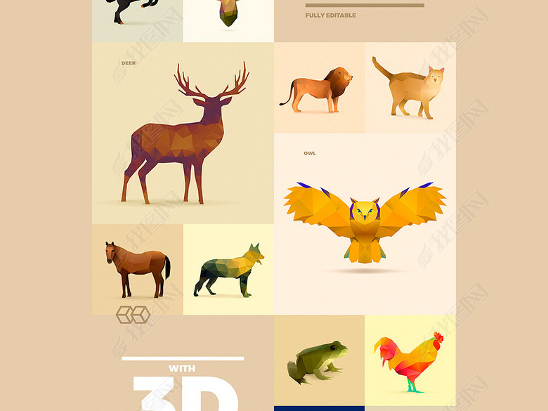 不规则多边形立体3D动物形状集合矢量AI图片