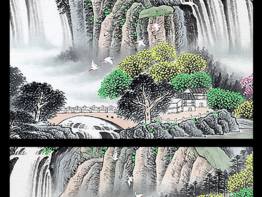 手绘聚宝纳财源远流长山水风水无框画装饰画