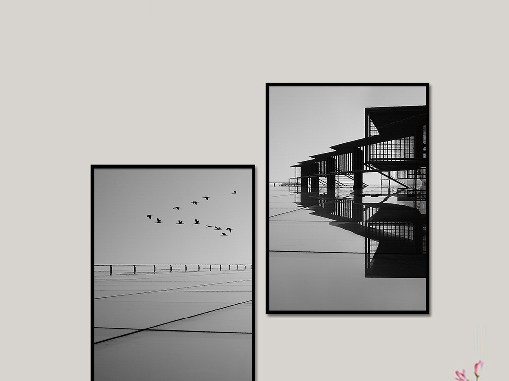 北欧黑白风景建筑房子客厅装饰画