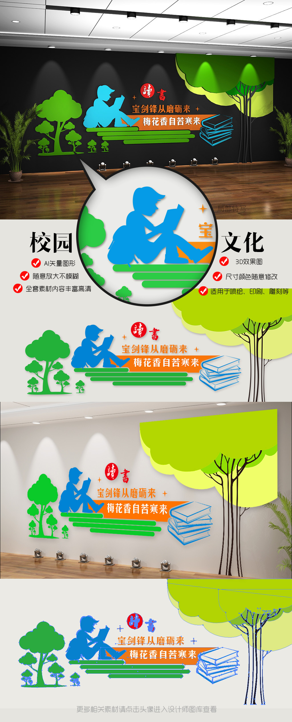 清新图书馆文化墙3D效果图