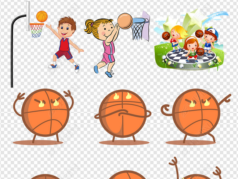 卡通小孩儿童打篮球比赛剪影png素材图片下载