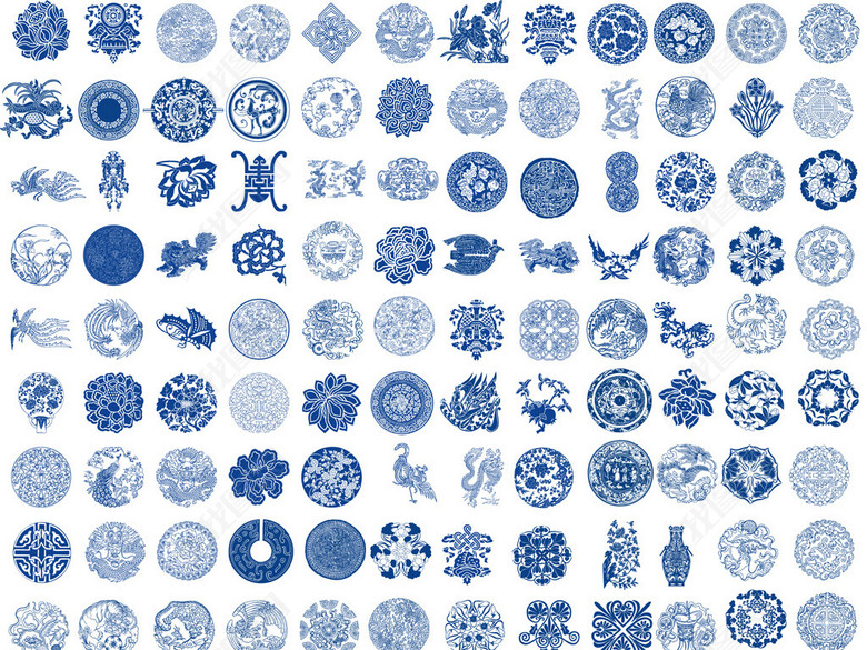 圆形青花瓷团花纹样蓝色染织图案矢量素材图片