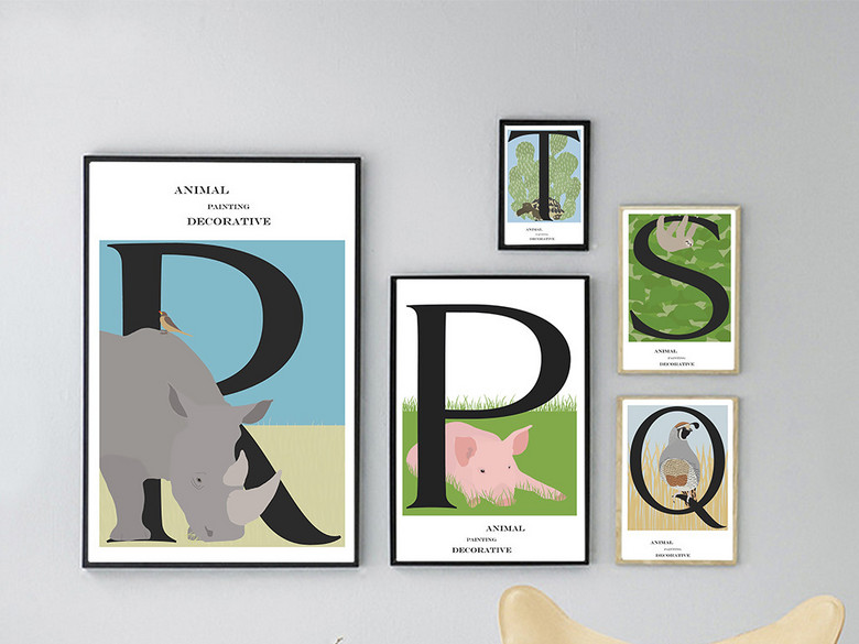 北欧简约英文字母动物犀牛无框装饰画(图片编