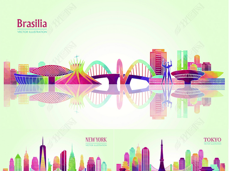 世界著名旅游城市建筑地标矢量图剪影素材图片