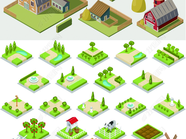 扁平化立体农场房屋农舍牧场菜地花园矢量图图