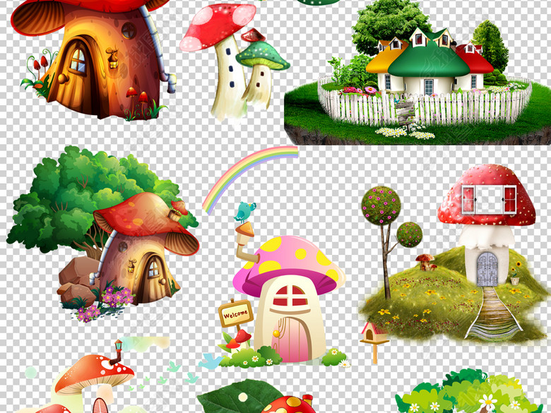 53款卡通梦幻蘑菇房子PNG背景素材图片下载