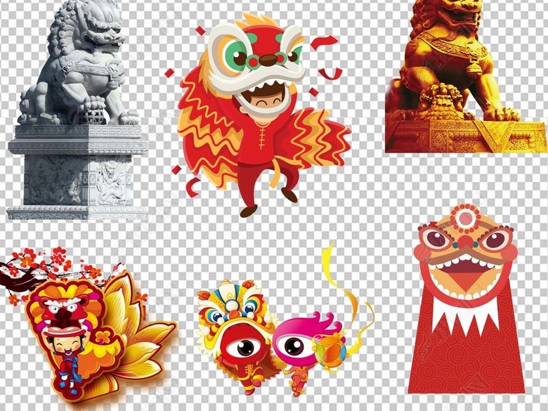 节日舞狮舞龙石狮子png透明背景免扣素材图片