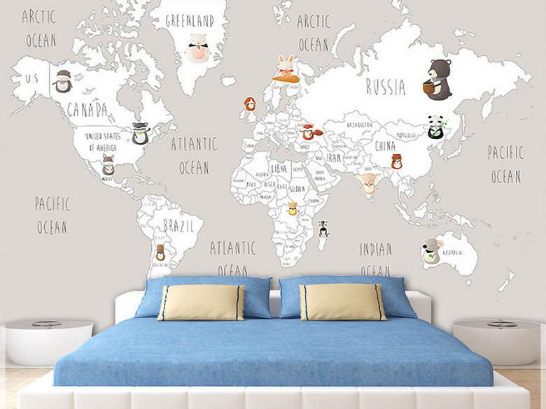 北欧手绘卡通世界地图背景墙(图片编号:17024