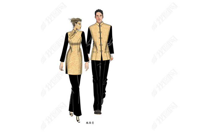 中式餐厅旗袍马甲服务员服装设计PSD模板效