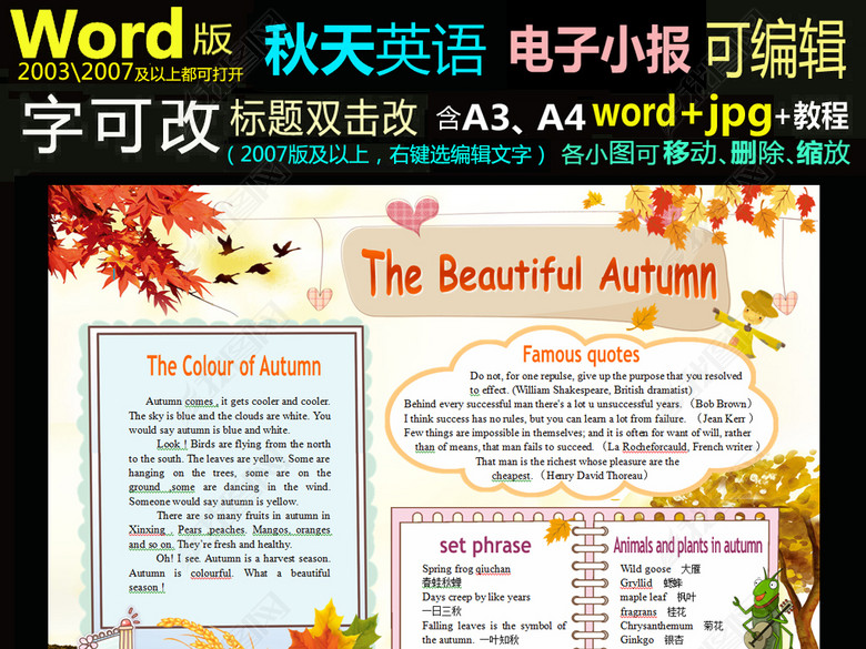 word模版英文小报手抄报美丽的秋天英语图片