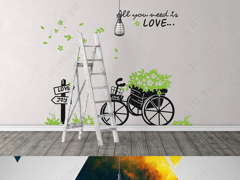 多场景客厅卧室工作室背景墙手绘墙样机模板图