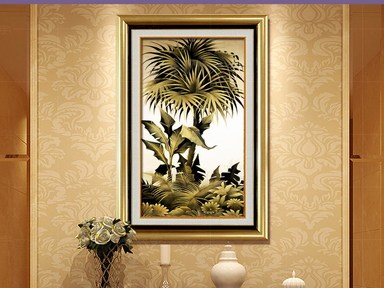 手绘油画东南亚棕榈树芭蕉树叶子装饰玄关画(
