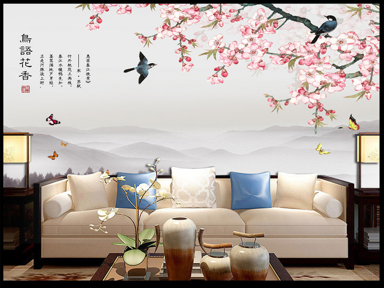 新中式鸟语花香山水背景墙(高清分层)(图片编号