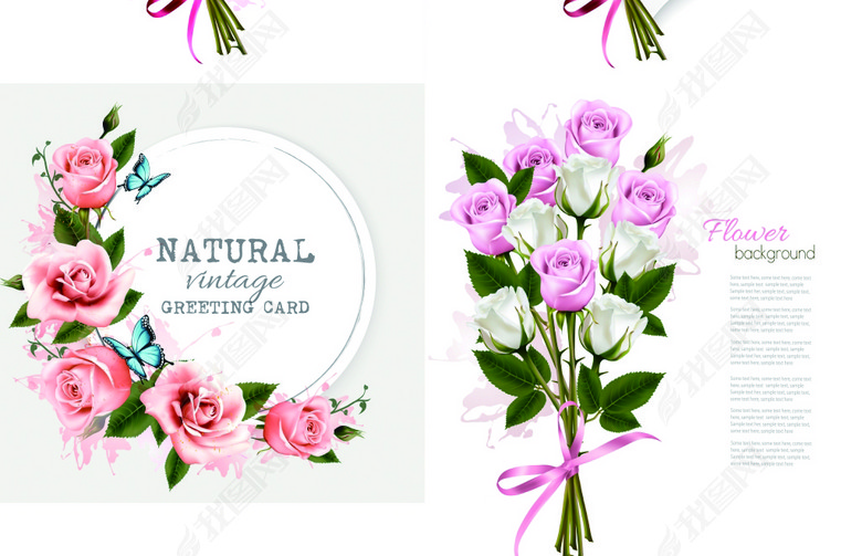 手绘水彩花束堆花玫瑰海报邀请函设计矢量图图