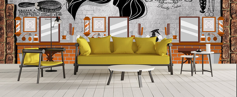 复古砖墙手绘美发工具工装背景墙(图片编号:1