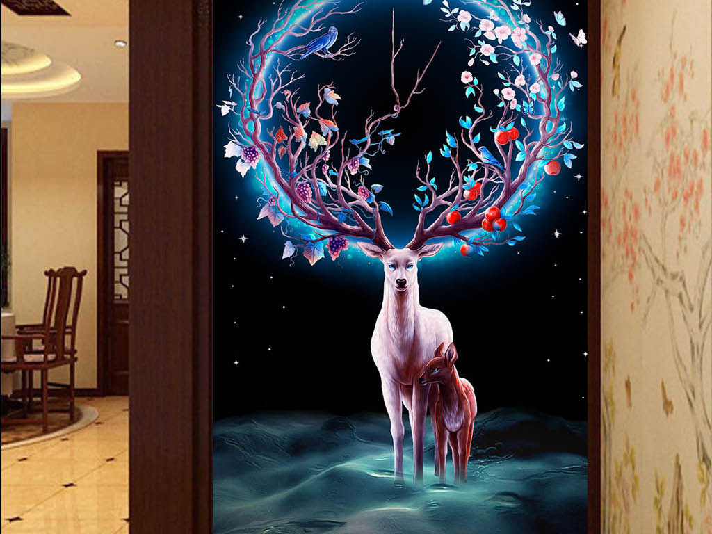 星空下自带光环的梦幻麋鹿母子玄关背景景墙