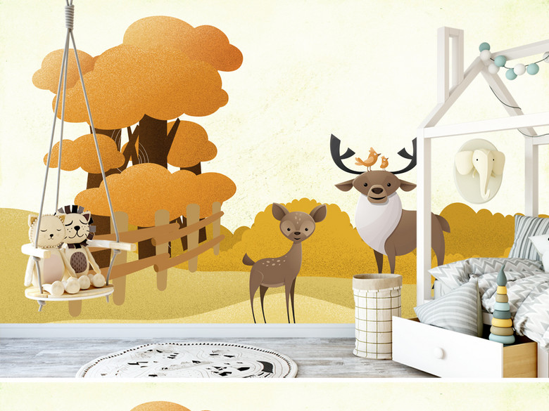 手绘森林动物背景墙麋鹿背景墙家庭聚会背景(