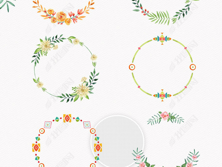 手绘水彩火烈鸟花环植物花卉卡片图案元素图片