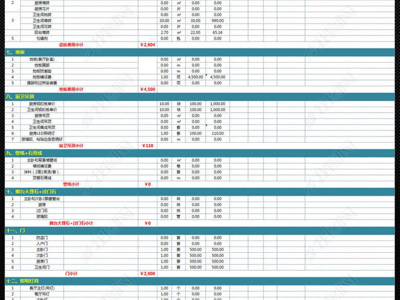 通用房屋室内装修造价预算价格表格报价表图片