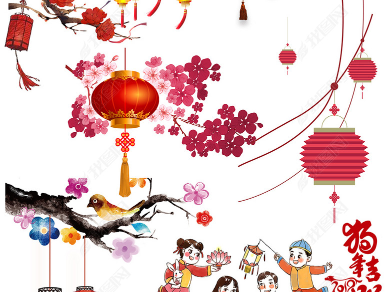 2018新年贴对联红色剪纸灯笼PNG和PSD素材