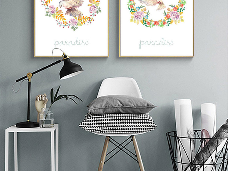 北欧鸽子清新花朵花卉三联装饰画简约(图片编