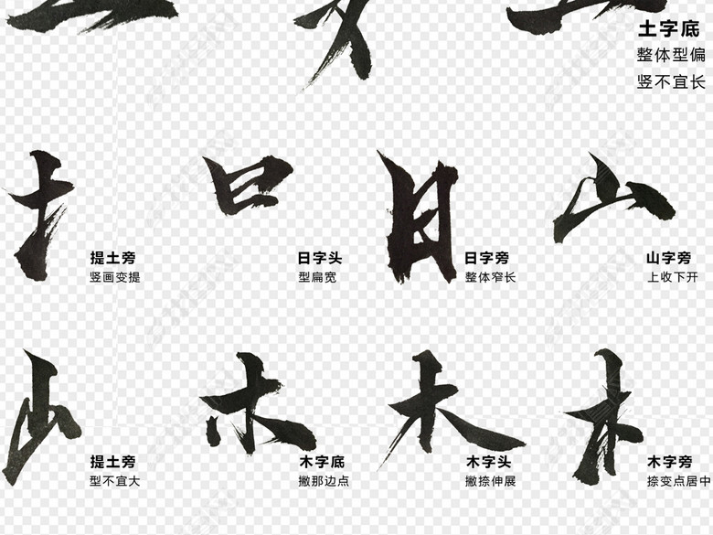 古风毛笔汉字偏旁部首笔画笔触笔刷素材图片下