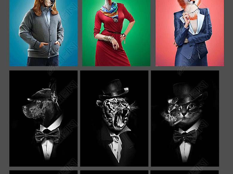 整套创意人身动物头设计元素大全图片下载素材