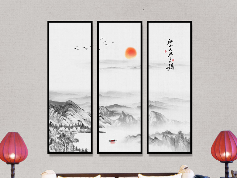 新中式黑白水墨山水三连屏装饰画无框画(图片